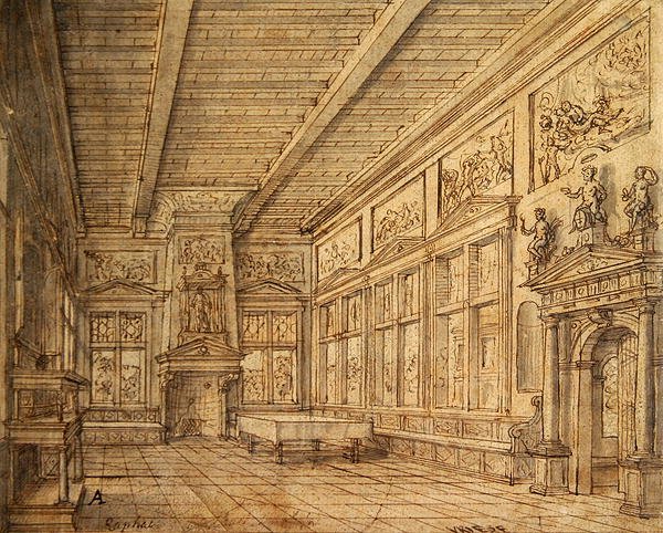 Interiör av en hall (grafit, penna och bläck och tvätt på papper) av Hans or Jan Vredeman de Vries