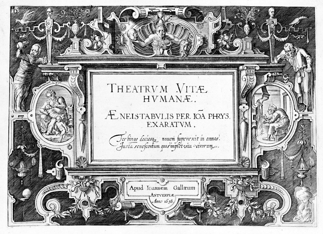 Titelbladet till "Theatrum Vitae Humanae", graverat av Johannes Wierix (1549-c.1618), omtryckt 1638. av Hans or Jan Vredeman de Vries