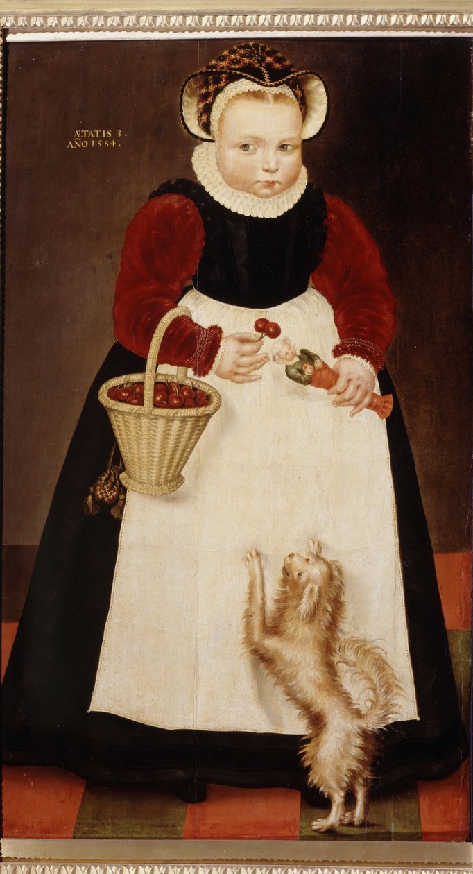 ""Porträtt av en liten flicka som håller en korg med körsbär och en liten docka"" (Porträtt av en ung flicka) Hon bär en jordgubbskrage Målning av Hans Bock den äldre (cirka 1550-1623) 1584 Pushkin Museum, Moskva av Hans the Elder Bock