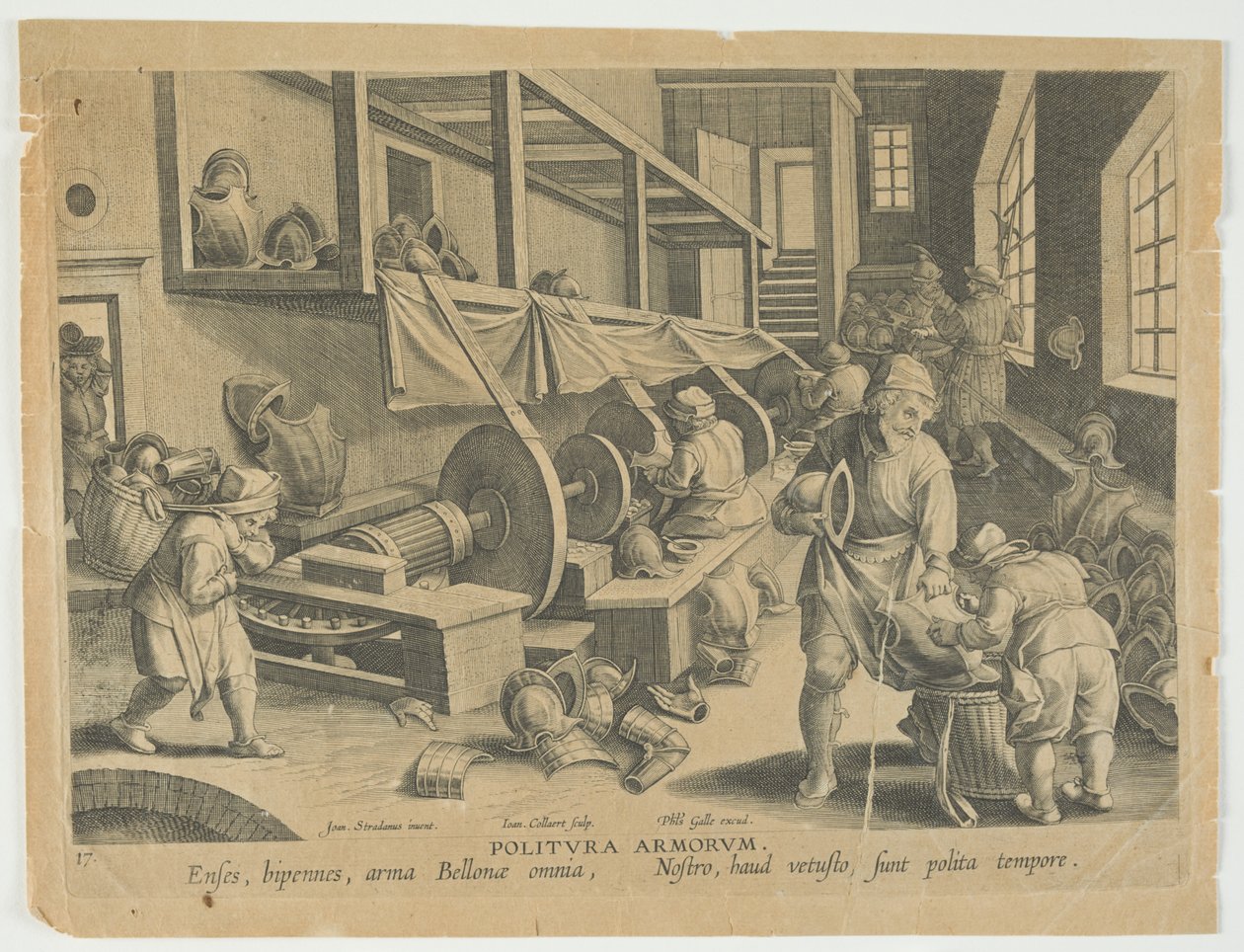 Politura Armorum, Polishing Arms, skylt 17 från serien Nova Reperta, Modern Discoveries, c.1588 (gravyr ) av Hans the younger Collaert
