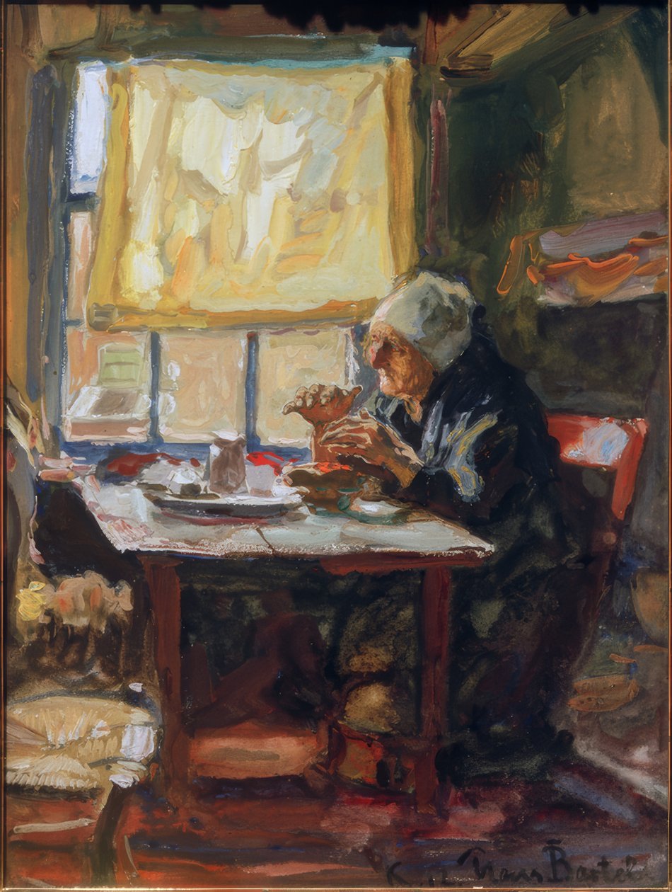 Gammal kvinna vid frukostbordet av Hans von Bartels