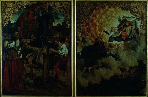 Berättelser om S.S. Petrus och Paulus altartavla: detalj som visar Petrus korsfästelse i LtoR och Paulus uppstigning till himlen (olja på panel) (detalj) av Hans von Klumbach