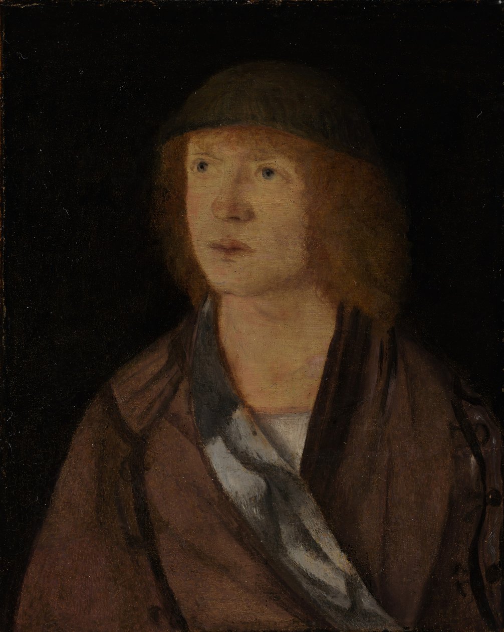 Porträtt av en ung man, omvänd flicka som gör en krans, ca. 1508. av Hans von Kulmbach