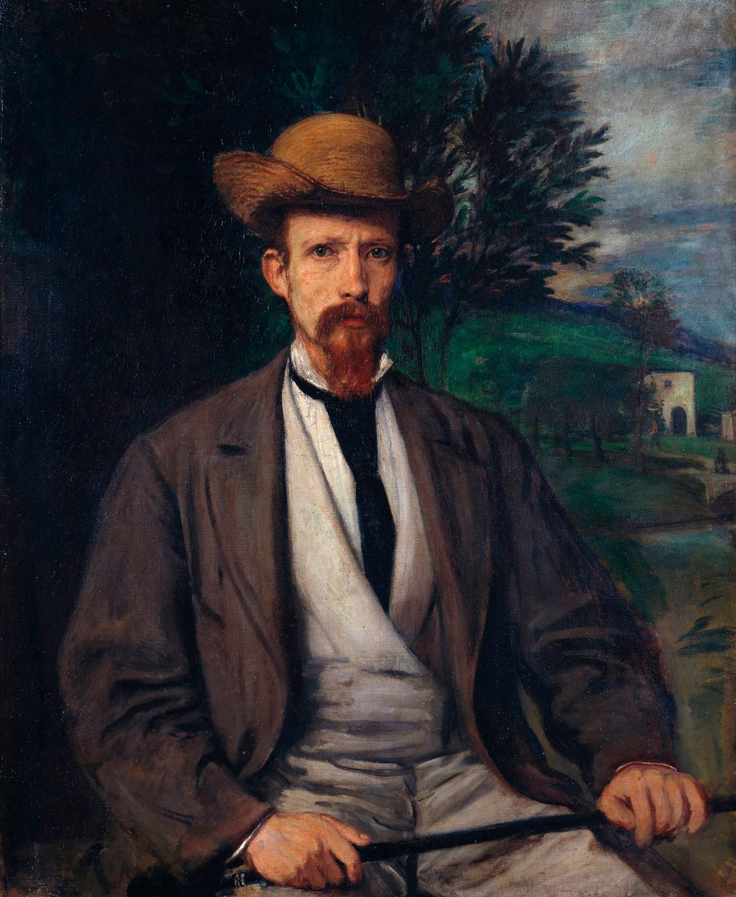 "Självporträtt med gul hatt" (Självporträtt med gul hatt) Målning av Hans von Marees (1837-1887) Dim 97x80 cm Olja på duk 1874 Staatliche Museen, Berlin av Hans von Marées