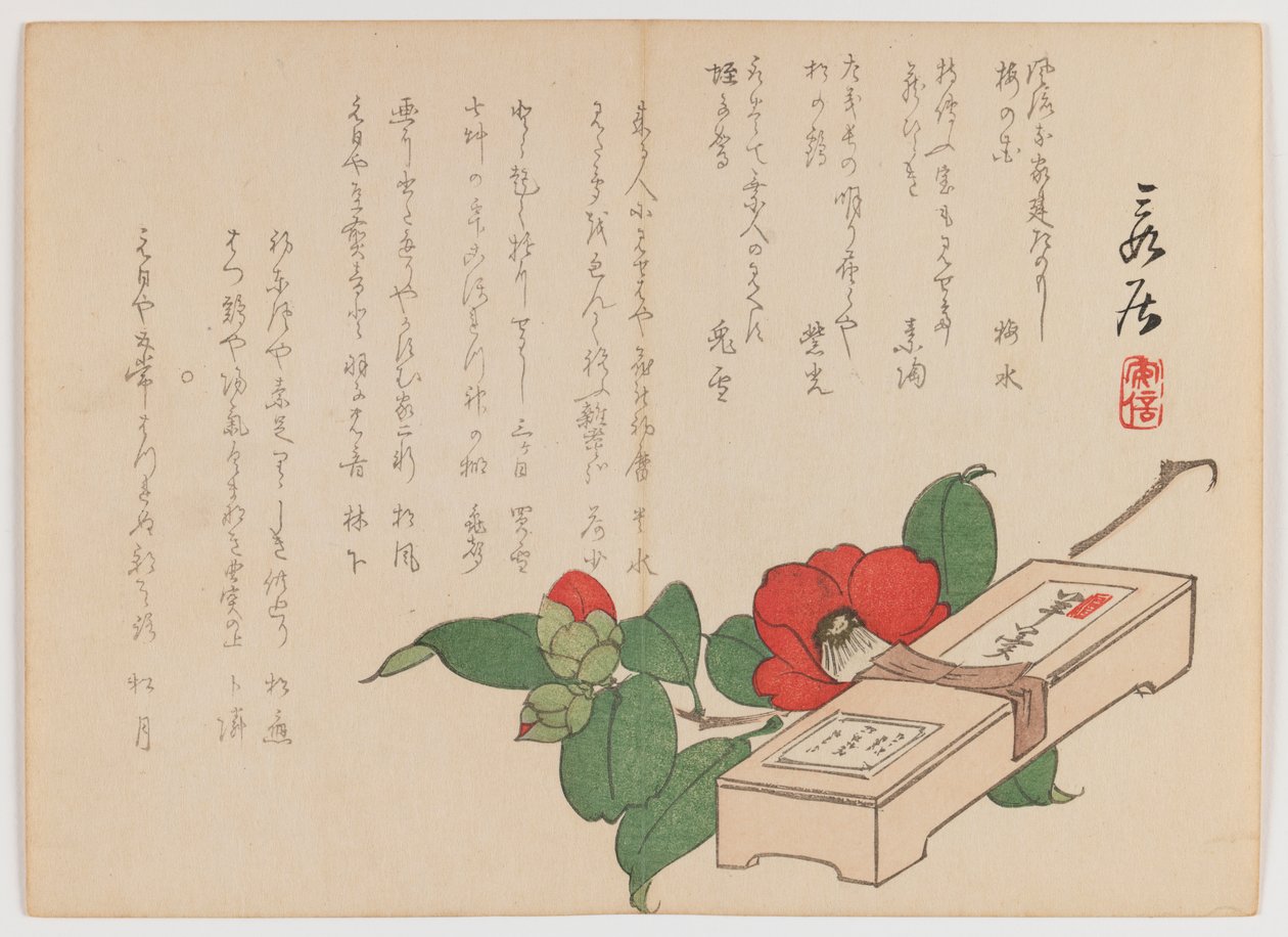 Camellia with Sweets Box (Yokan), c.1860 (träblocktryck; horisontellt Chûban yoko-e-format) av Hanzan Matsukawa