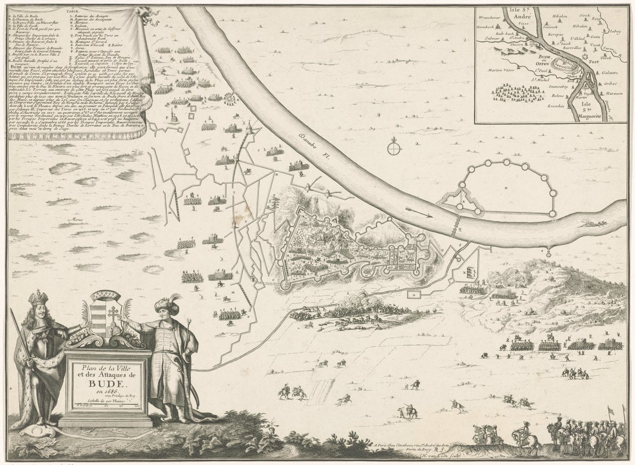 Plattegrond van Buda, 1686 Plan över staden och Budes attacker 1686 (titel på objekt) av Harmanus van Loon