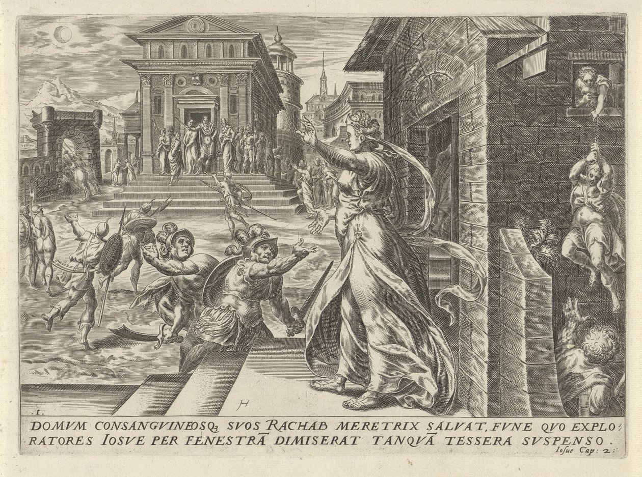 Rahab låter spionerna fly genom fönstret The History of Joshua (serietitel) av Harmen Jansz Muller