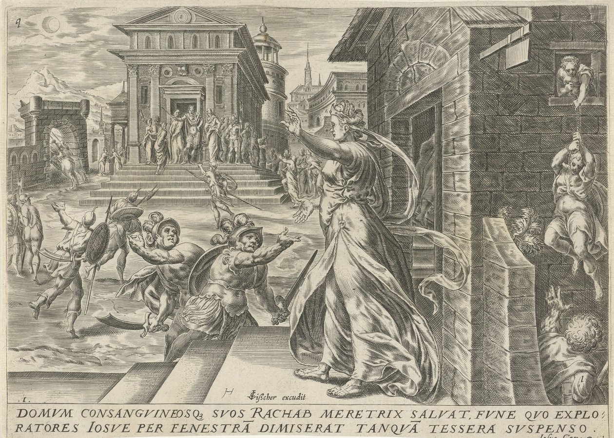 Rahab låter spionerna fly genom fönstret The History of Joshua (serietitel) av Harmen Jansz Muller