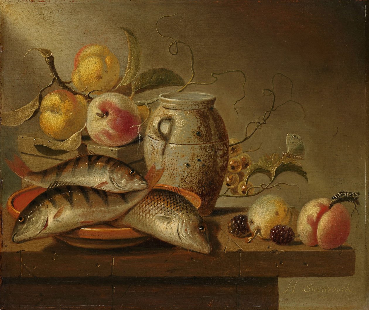 Stilleben med lergodsburk, fisk och frukt av Harmen Steenwijck
