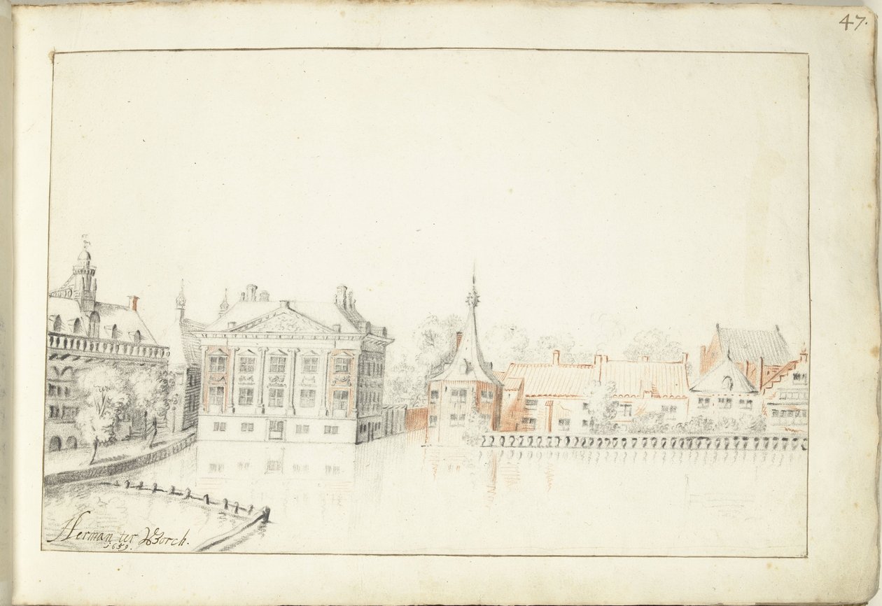 Utsikt över byggnaderna på Hofvijver, Haag av Harmen ter Borch (signed by artist)