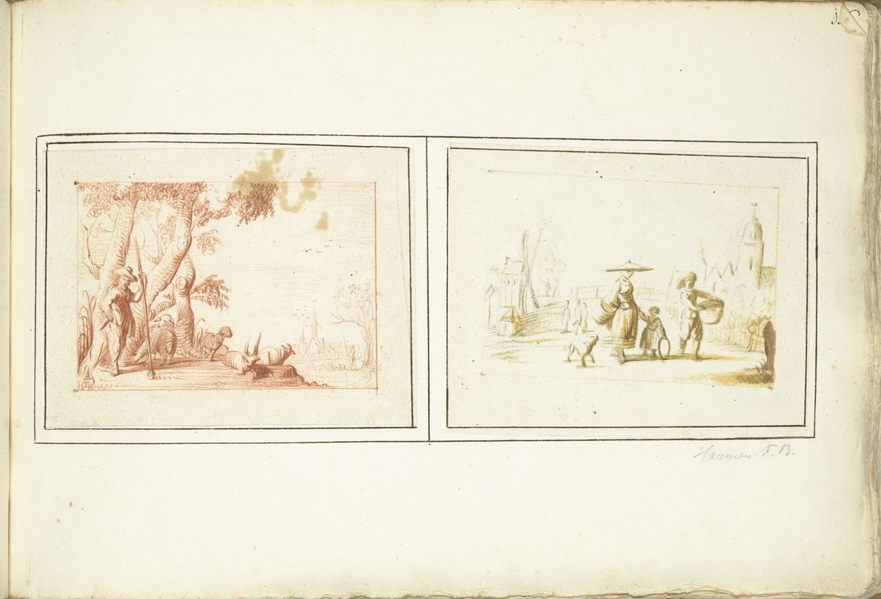 Herde med sin boskap och gatubild av Harmen ter Borch (signed by artist)