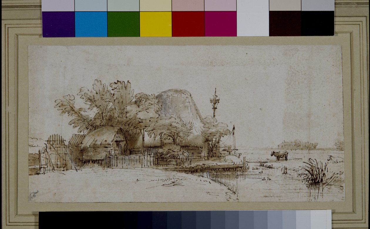 Landskap med en bondgård vid en flod (penna och bläck på papper) av Harmensz Van Rijn (after) Rembrandt