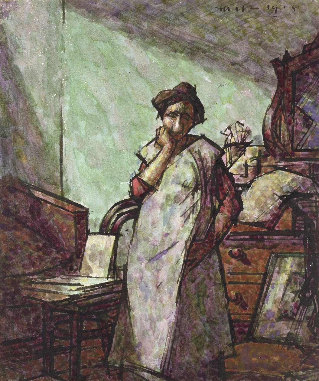 Interiör med Mrs Mounter i en overall, 1 december 1918 (penna och svart bläck och akvarell) av Harold Gilman