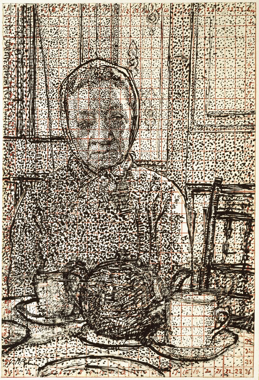 Mrs Mounter vid frukostbordet, 1916 - 1917 (penna och svart bläck, delvis repad, kvadrat med rött bläck) av Harold Gilman