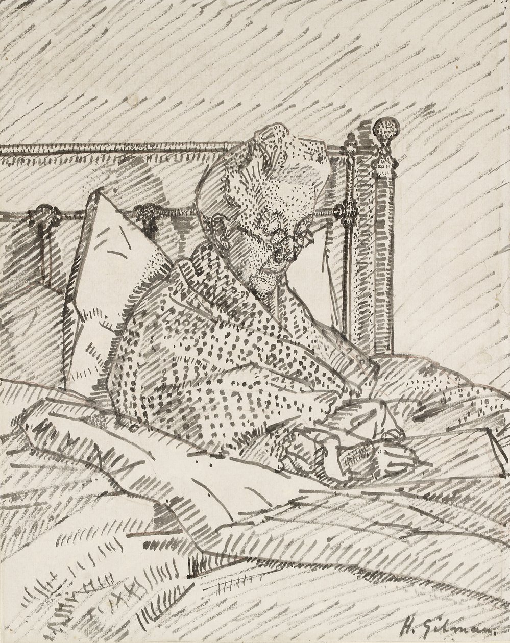 Porträtt av konstnärens mor som skriver i sängen (rörpenna och grått bläck över indikationer i röd krita) av Harold Gilman