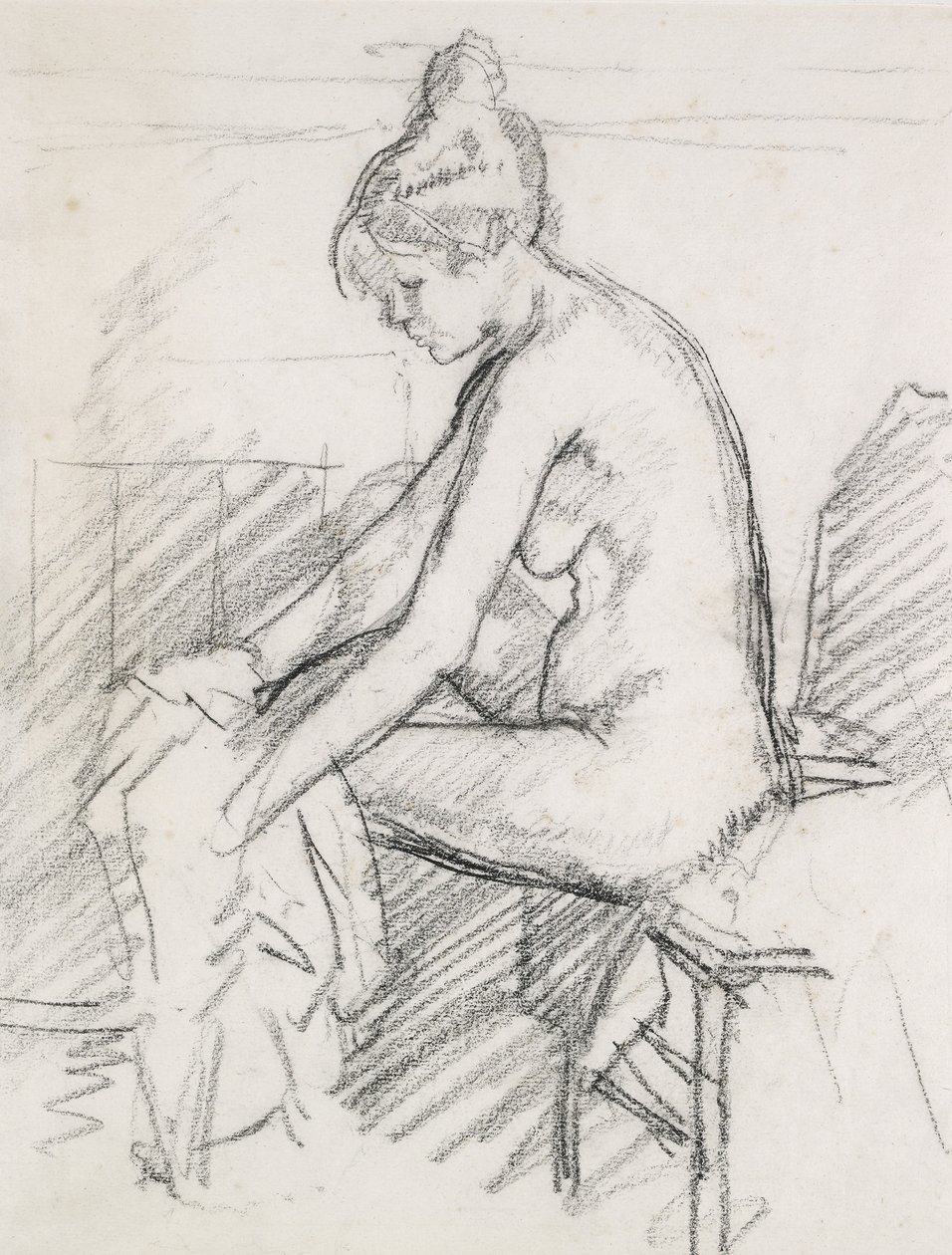 Studie av en sittande kvinnlig naken kvinna som torkar sin högra fot (träkol) av Harold Gilman