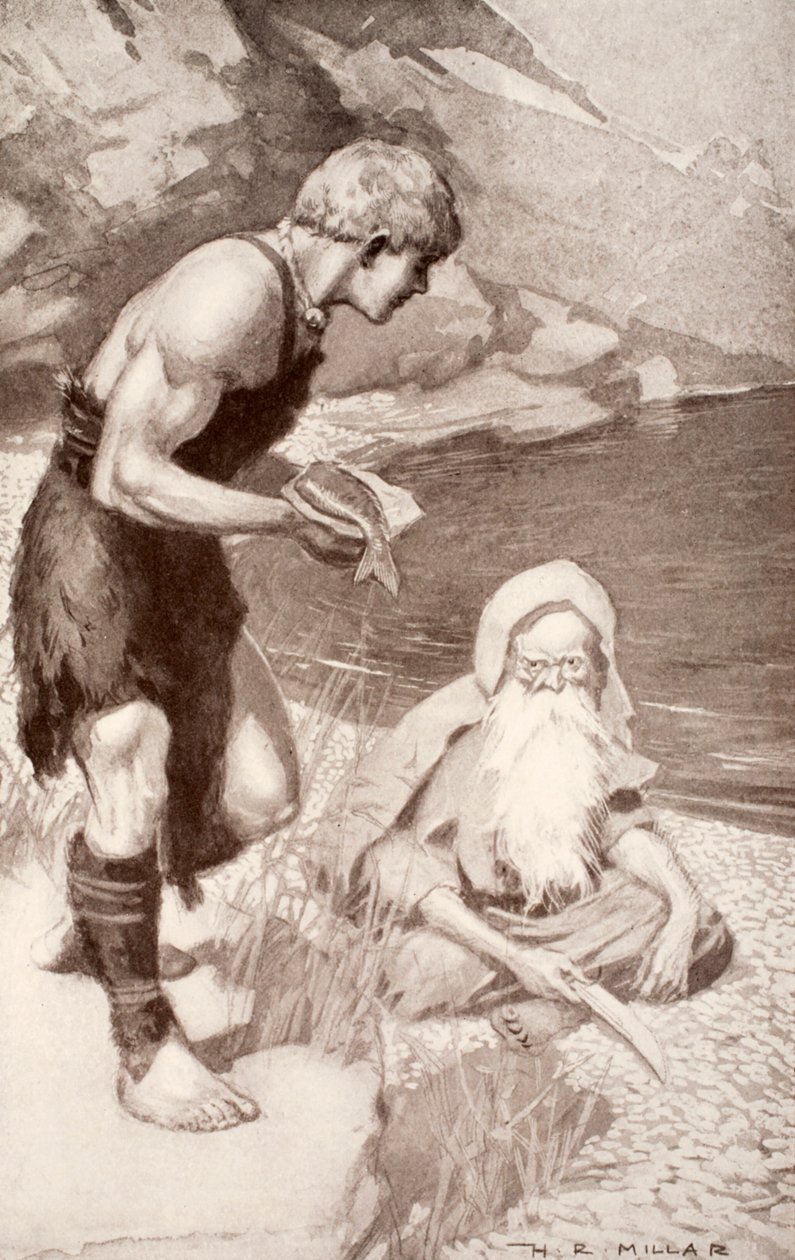 Finn hittar Kunskapens lax, illustration från "Celtic Myth and Legend" av Charles Squire, 1905 av Harold Robert Millar