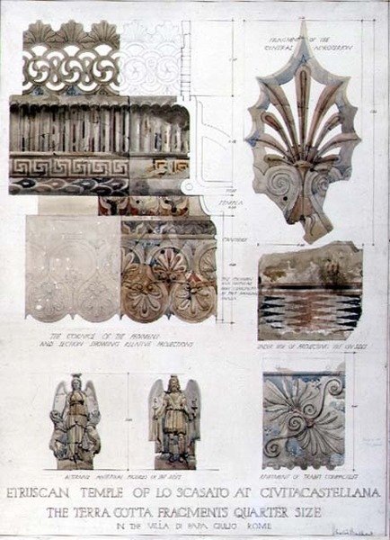 Studier av fragment från det etruskiska templet Lo Scasato i Civitacastellana och från Villa di Papa Giulio i Rom, ca 1910 (penna & bläck och akvarell på papper) av Harold Chalton Bradshaw