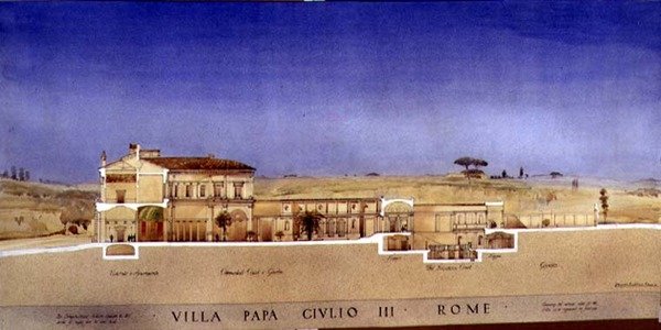 Utsikt över pelargången och trädgården i Villa di Papa Giulio i Rom av Harold Chalton Bradshaw