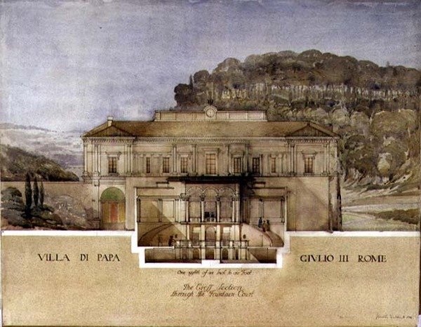 Utsikt över tvärsnittet genom fontängården i Villa di Papa Giulio i Rom av Harold Chalton Bradshaw