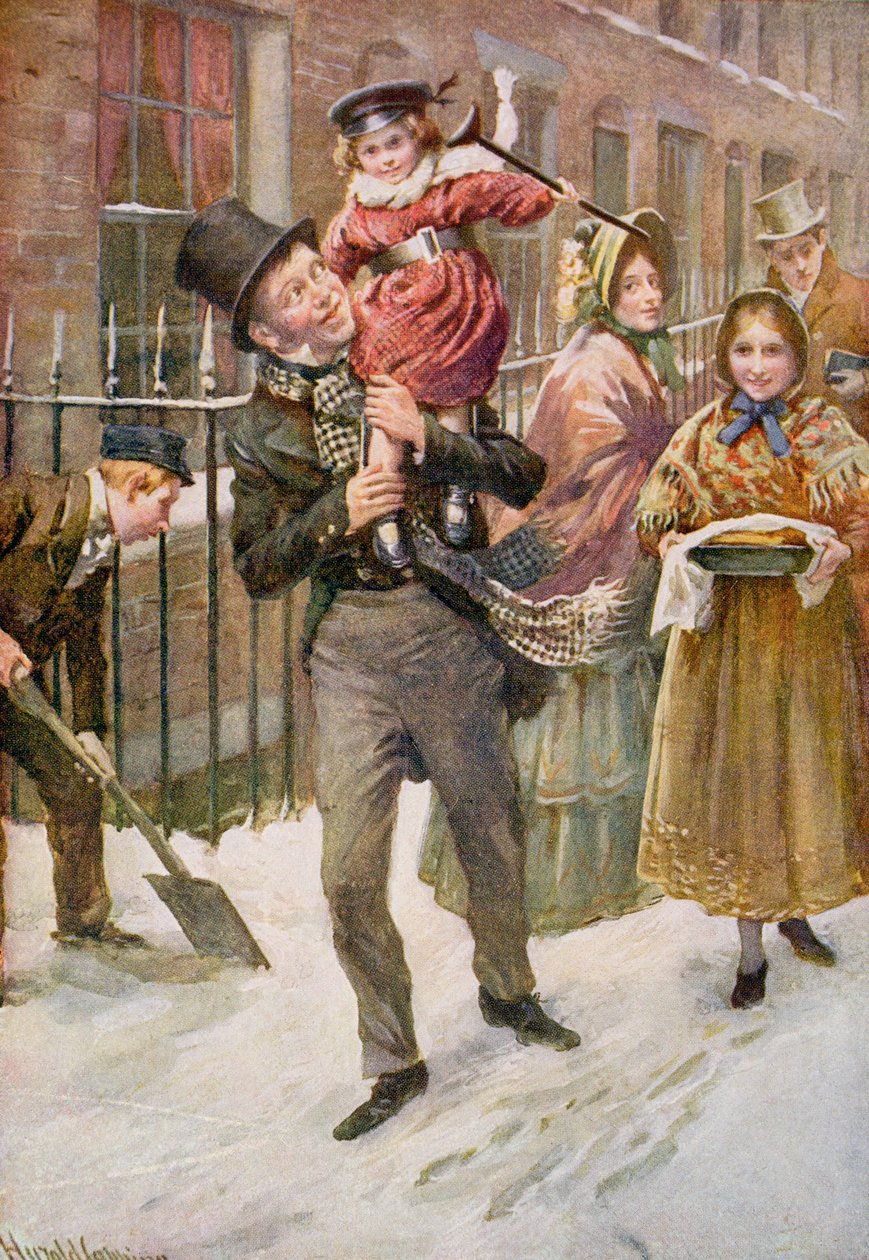 Bob Cratchit och Tiny Tim, illustration för "Character Sketches from Dickens" sammanställd av B.W. Matz av Harold Copping