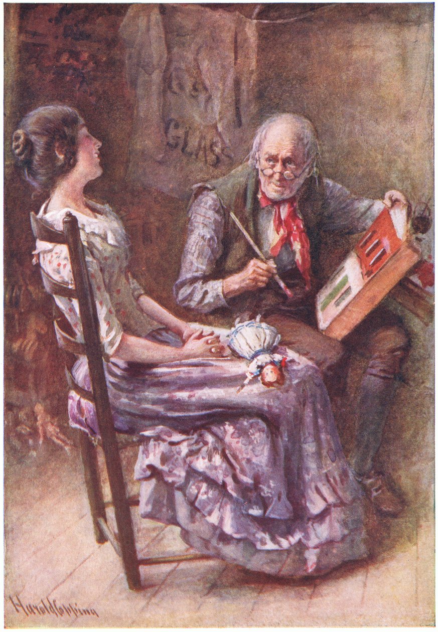 Caleb Plummer and his Blind Daughter, illustration för "Character Sketches from Dickens" sammanställd av B.W. Matz av Harold Copping