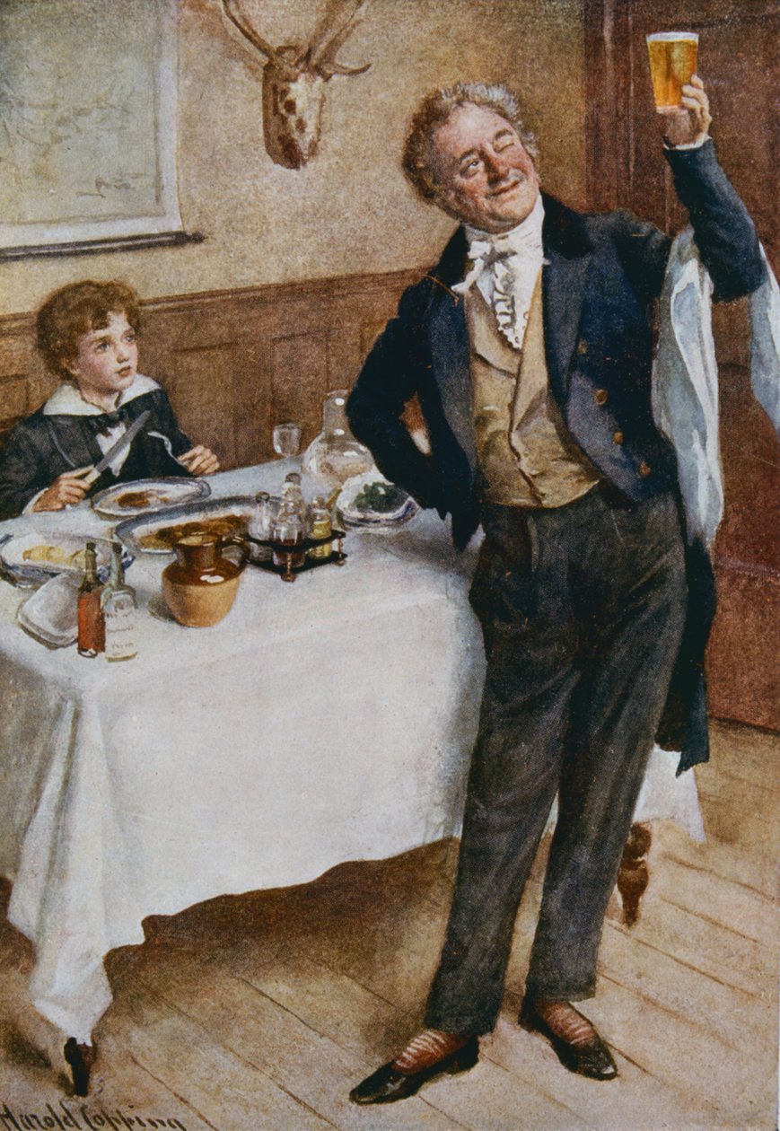 David Copperfield och den vänliga servitören, illustration för "Character Sketches from Dickens" sammanställd av B.W. Matz, 1924 av Harold Copping