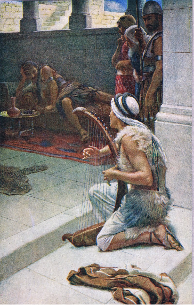 David spelar före Saul, illustration från Pictures That Teach The Crown Series, 1920 av Harold Copping