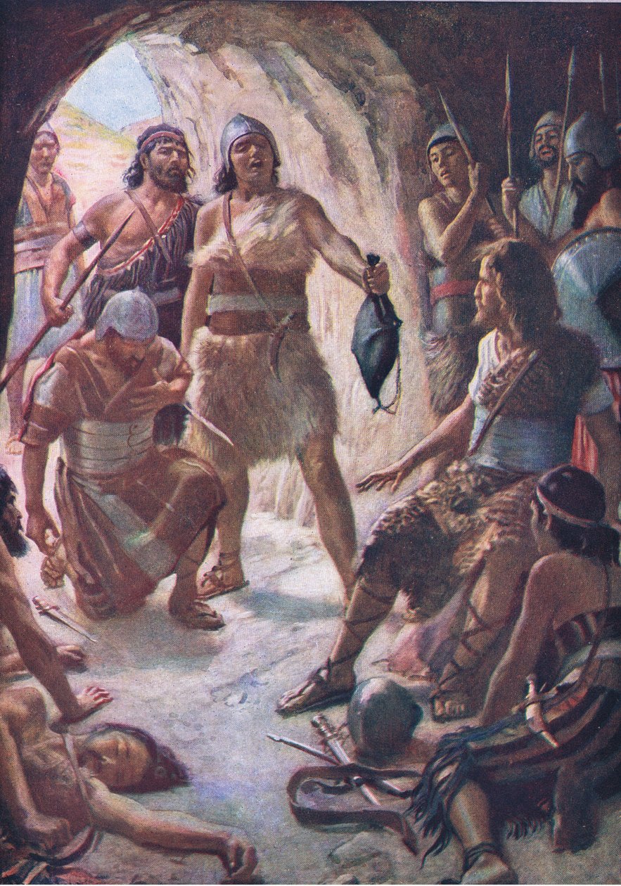 Davids tre mäktiga män, illustration från Pictures That Teach The Crown Series, 1920 av Harold Copping