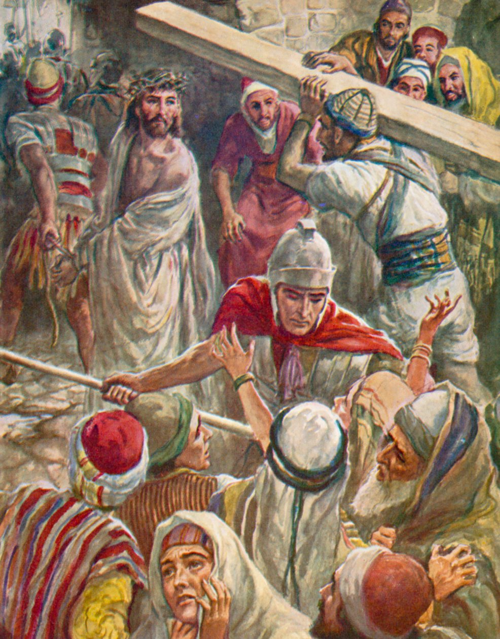 Han bar korset för Jesus, Matteus, 27, 32 (färglitografi) av Harold Copping