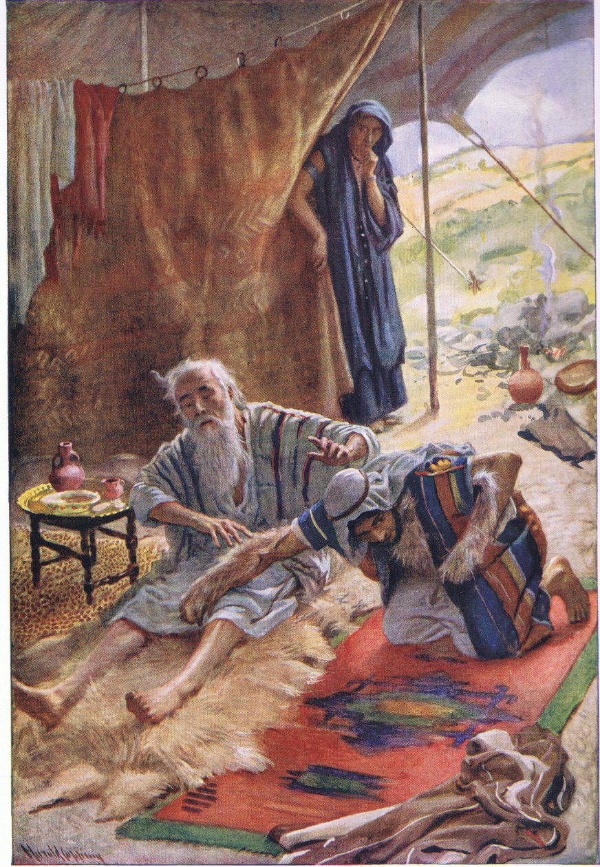 Isak välsignar sin son Jacob, illustration från Pictures That Teach The Crown Series, 1920 av Harold Copping