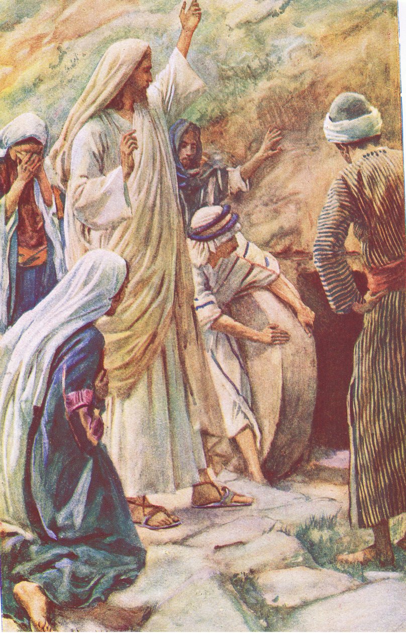 Jesus uppväcker Lasarus från de döda, illustration från Harold Copping Pictures: The Crown Series, ca 1920-talet av Harold Copping