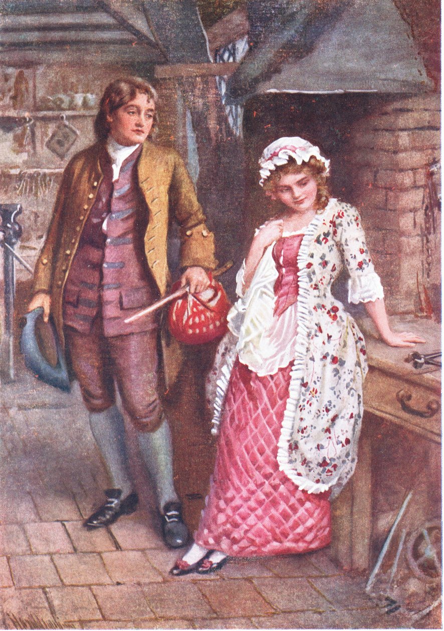 Joe Willet och Dolly Varden, illustrationer till "Character Sketches from Dickens" sammanställd av B.W. Matz av Harold Copping