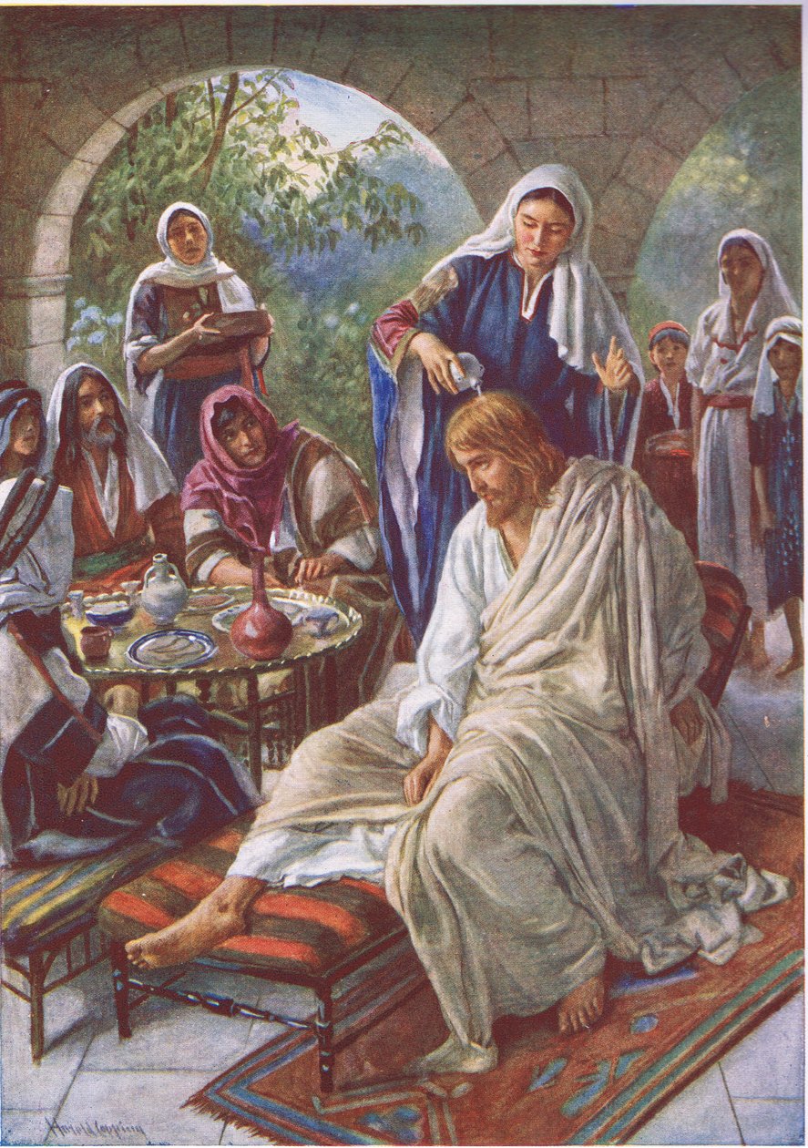 Maria smörjer Jesus, illustration från Pictures That Teach The Crown Series, 1920 av Harold Copping