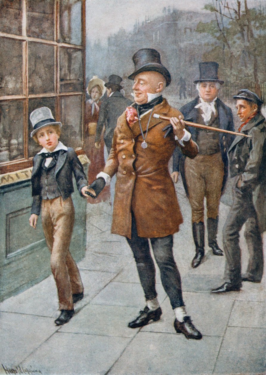 Mr Micawber dirigerar David Home, illustration från 