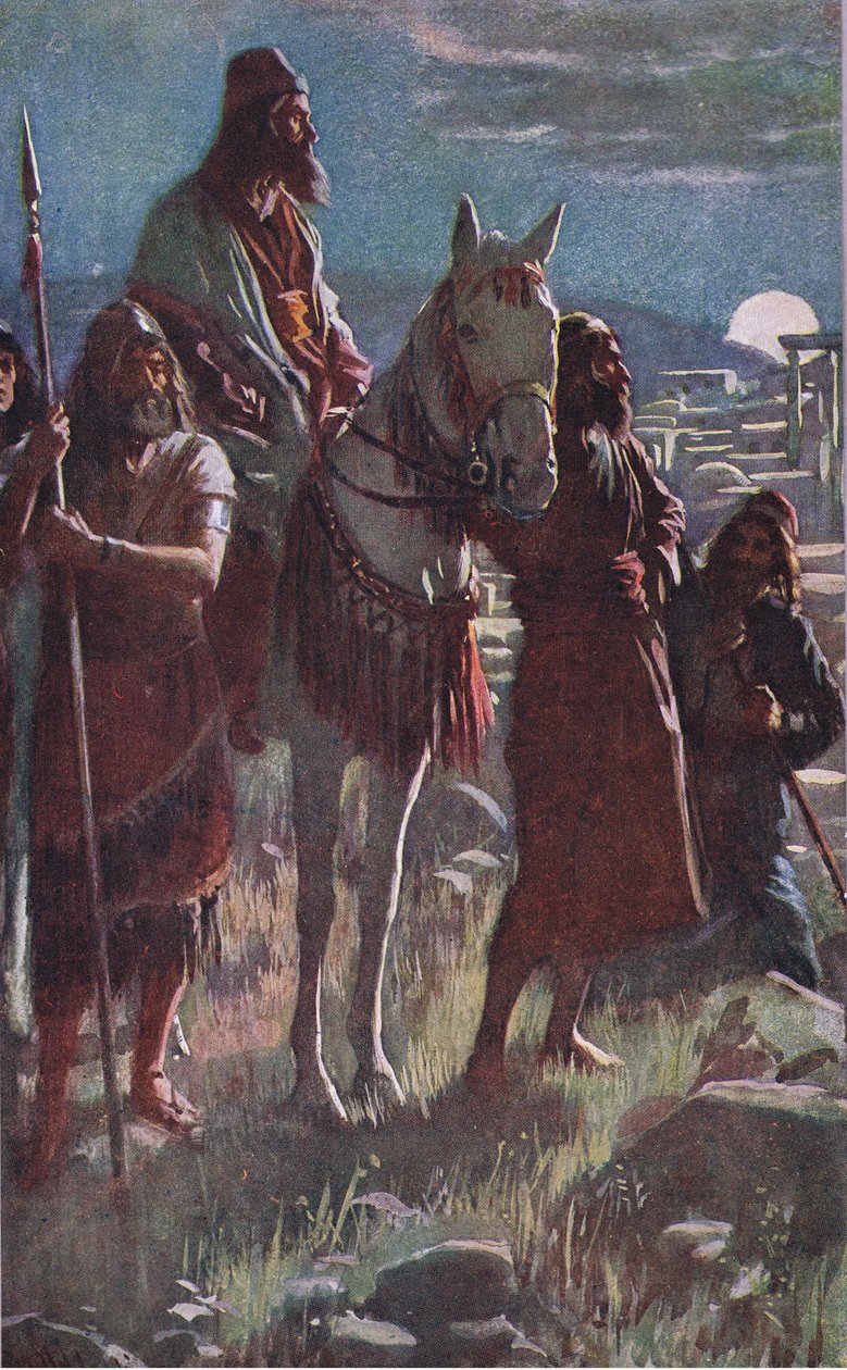 Nehemiahs midnattsundersökning, illustration från Pictures That Teach The Crown Series, 1920 av Harold Copping