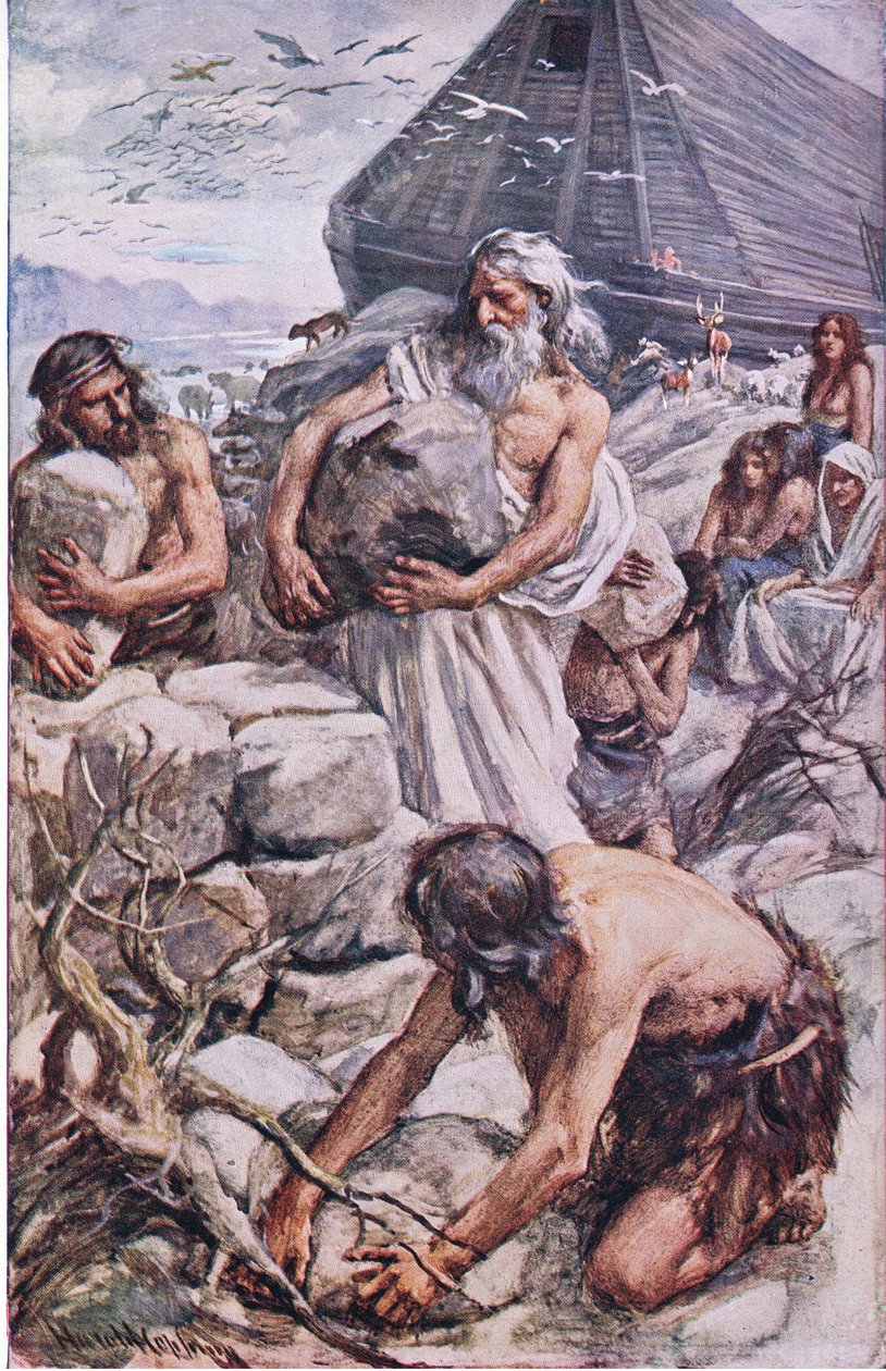 Noah bygger sitt altare, illustration från Pictures That Teach The Crown Series, 1920 av Harold Copping