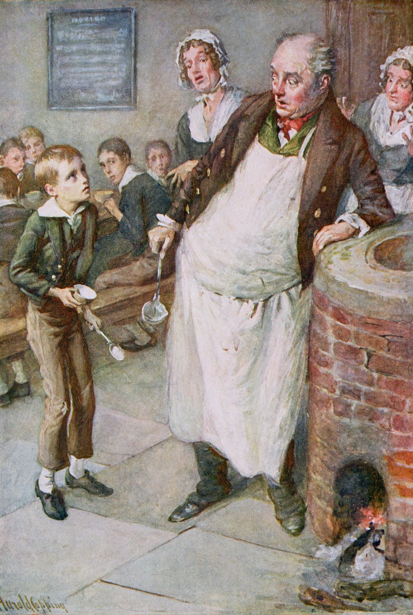 Oliver Asks for More, illustration till "Character Sketches from Dickens" sammanställd av B.W. Matz av Harold Copping