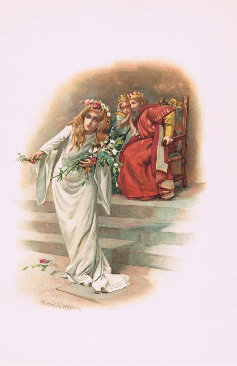 Ophelia med kungen och drottningen, illustration från Hamlet av Harold Copping