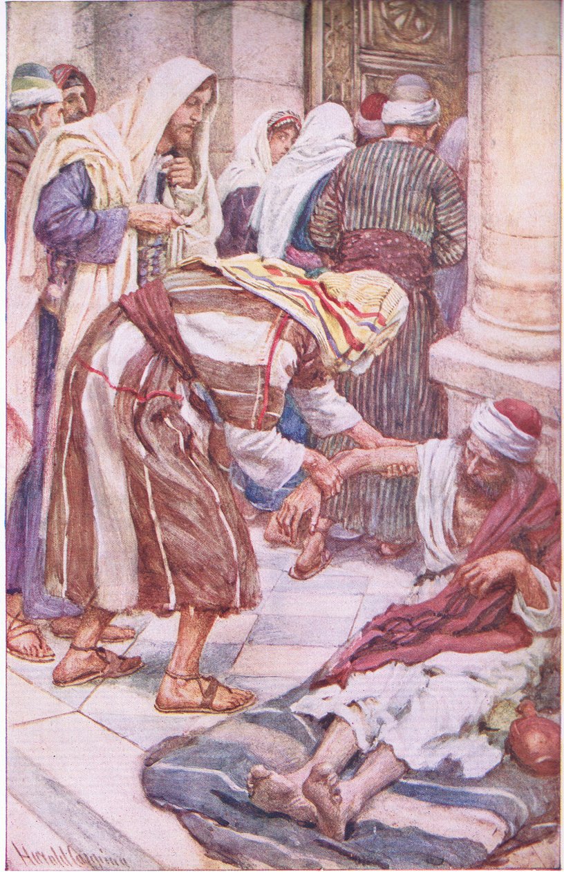 Peter och Jacob vid den vackra porten, illustration från Pictures That Teach The Crown Series, 1920 av Harold Copping