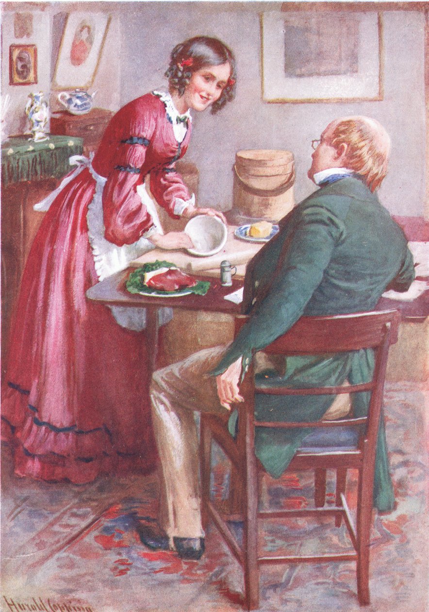 Ruth Pinch gör en pudding, illustration till "Character Sketches from Dickens" sammanställd av B.W. Matz av Harold Copping