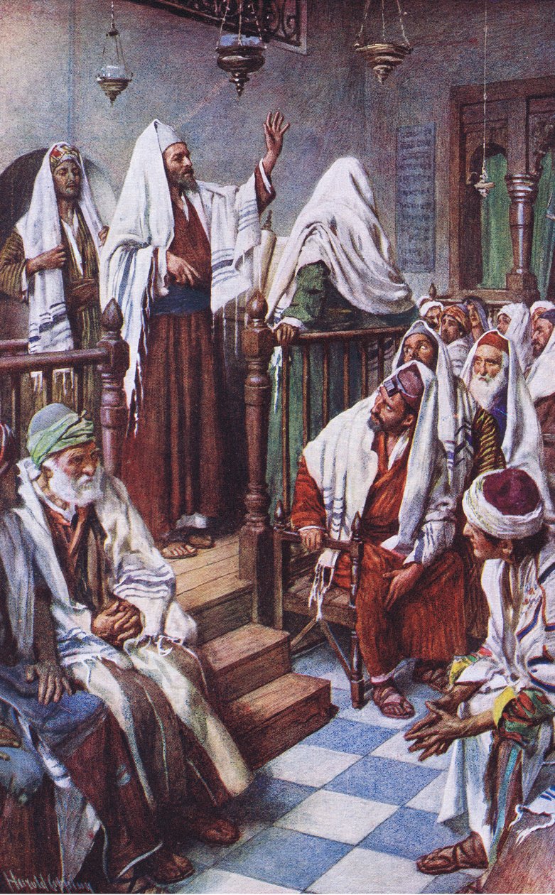 St Paul predikar i synagogan i Antiokia, illustration från Harold Copping Pictures: The Crown Series, ca 1920-talet av Harold Copping