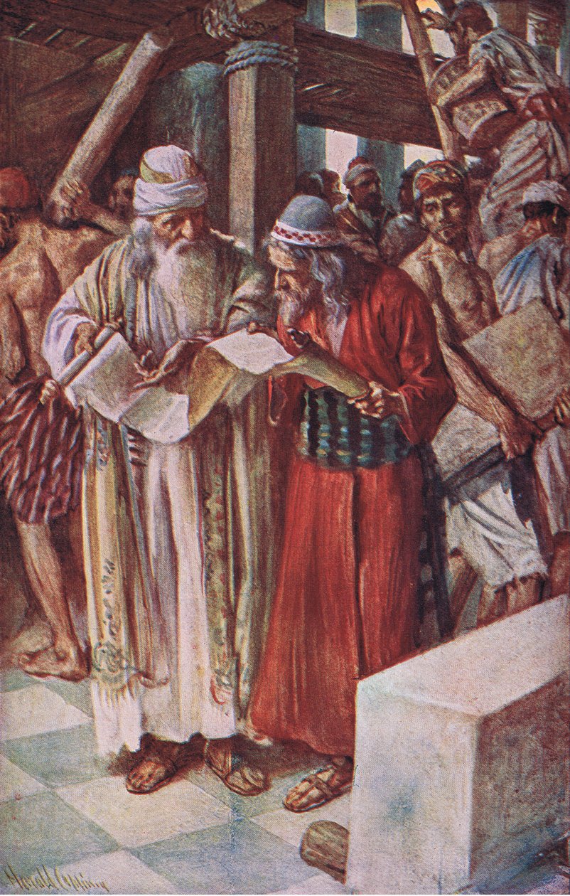 Fyndet av boken, illustration från Pictures That Teach The Crown Series, 1920 av Harold Copping