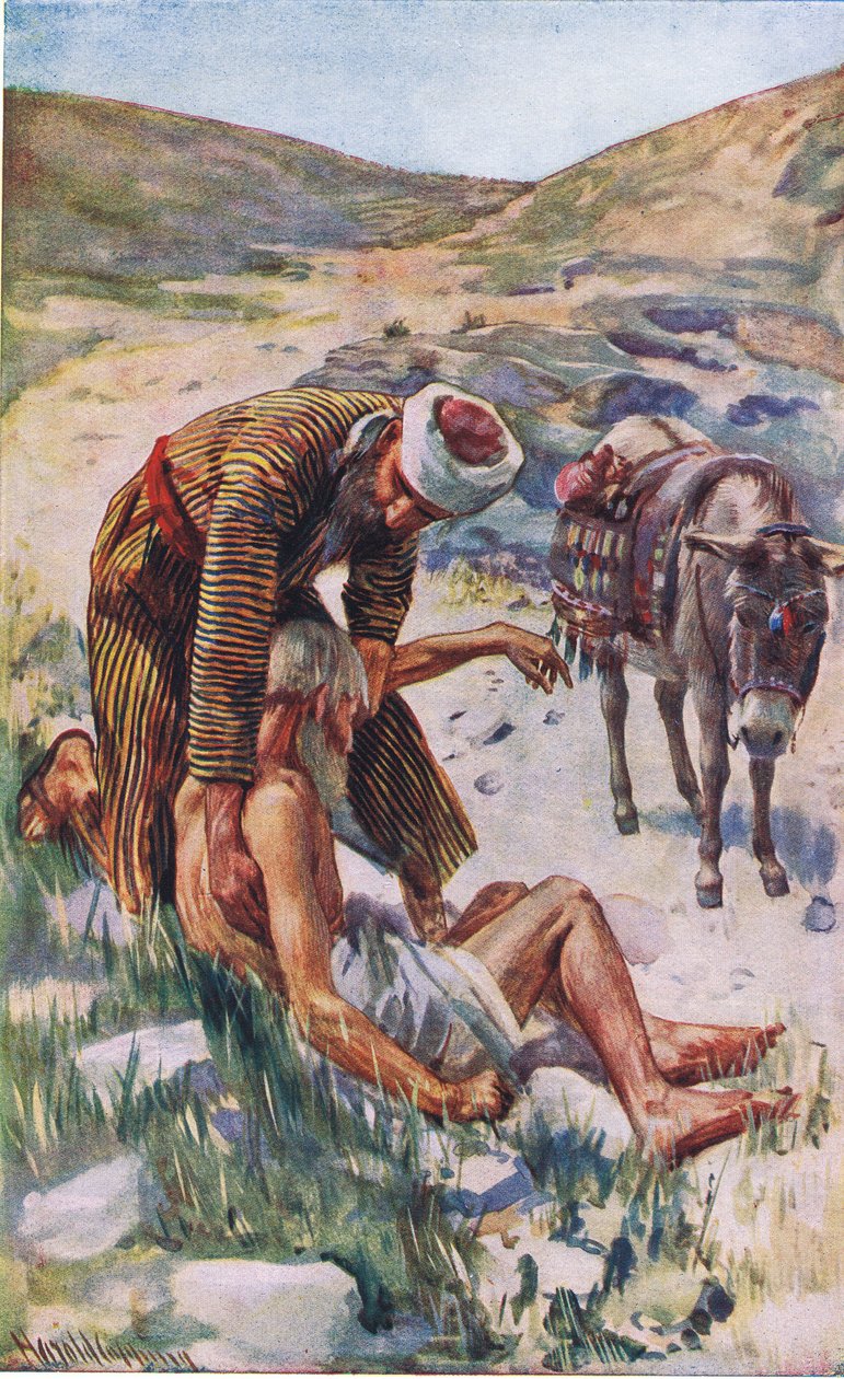 The good Samaritan, illustration från Harold Copping Pictures: The Crown Series, ca 1920-talet av Harold Copping