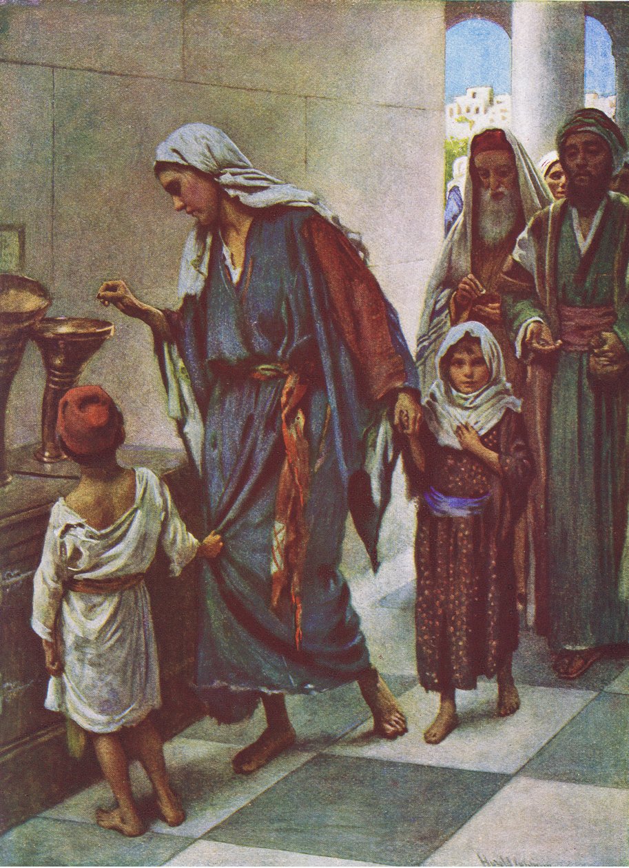 Den fattiga kvinnans gåva, illustration från Harold Copping Pictures: The Crown Series, ca 1920-talet av Harold Copping