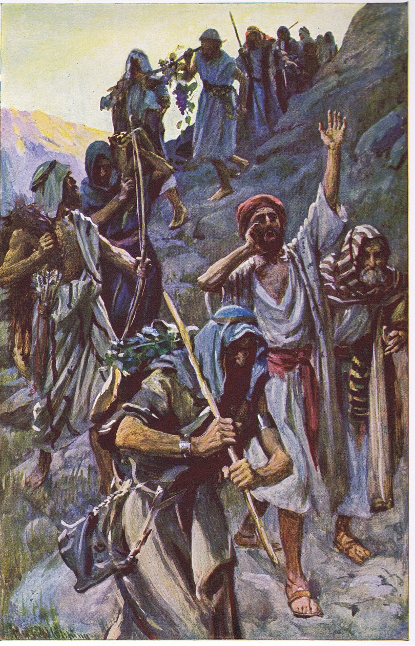 Spionernas återkomst, illustration från Pictures That Teach The Crown Series, 1920 av Harold Copping
