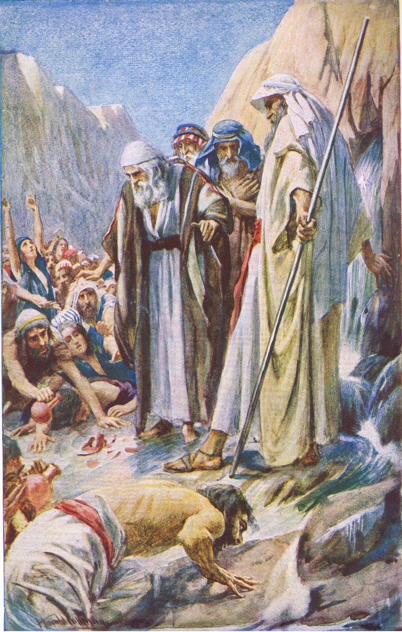 The smiting of the rock, illustration från Pictures That Teach The Crown Series, 1920 av Harold Copping
