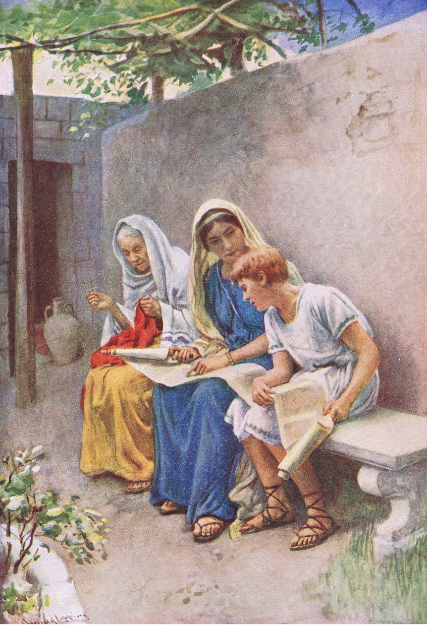 Timothy undervisas i skrifterna, illustration från Harold Copping Pictures: The Crown Series, ca 1920-talet av Harold Copping