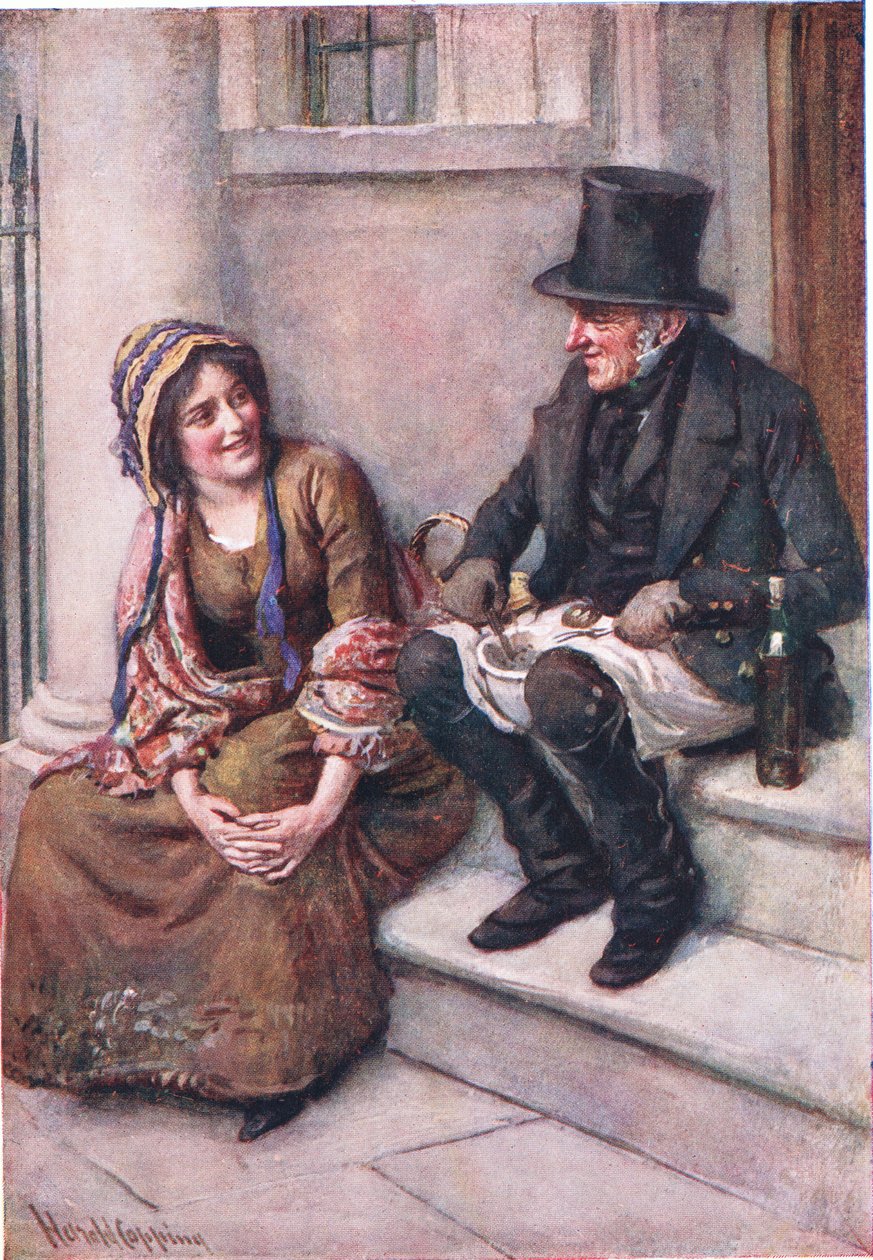 Trotty Veck and his Daughter Meg, illustration för "Character Sketches from Dickens" sammanställd av B.W. Matz av Harold Copping