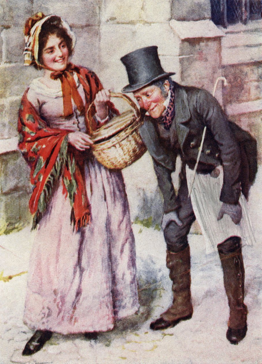 Trotty Veck och hans dotter Meg från "Trotty Veck och Oliver Twist" (tryck) av Harold Copping